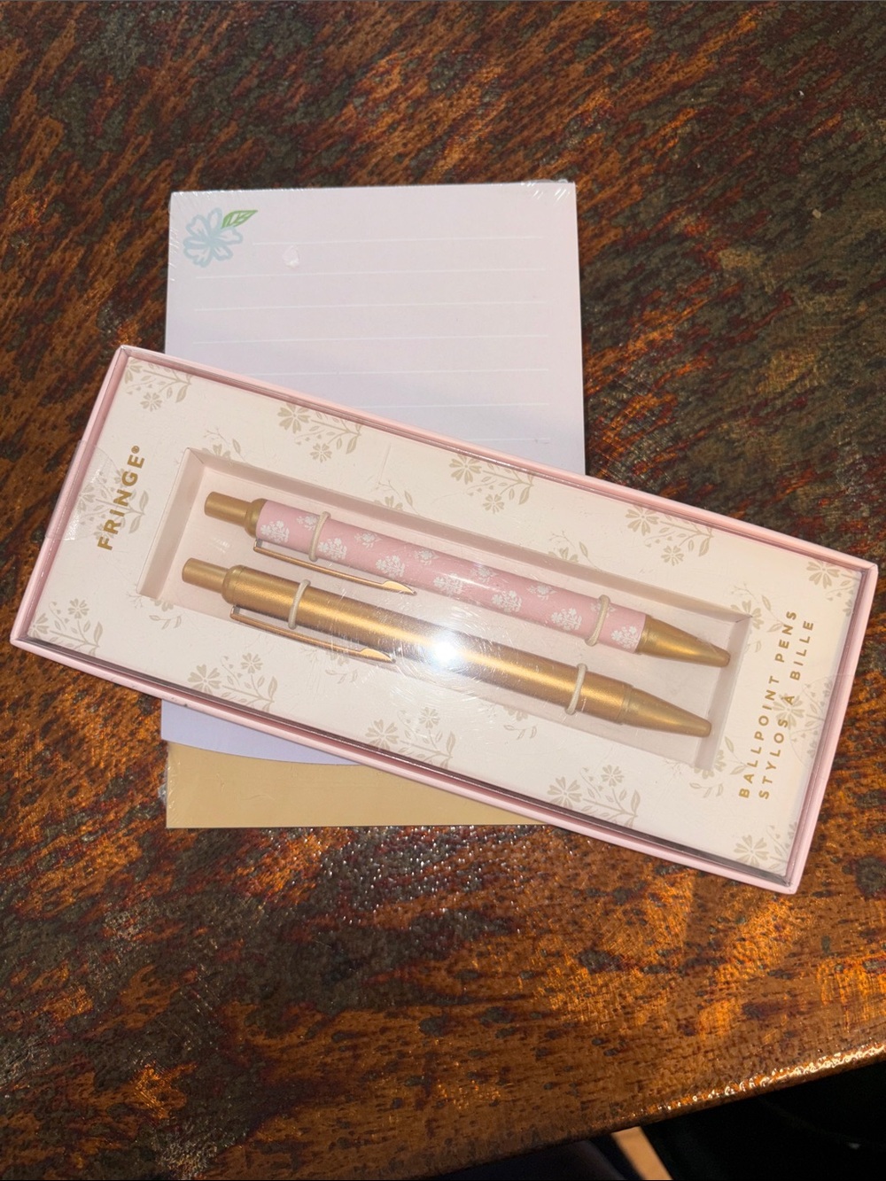 Fringe Studio Pink Floral & Gold Ballpoint Pen Duo with pad of Elum Paper